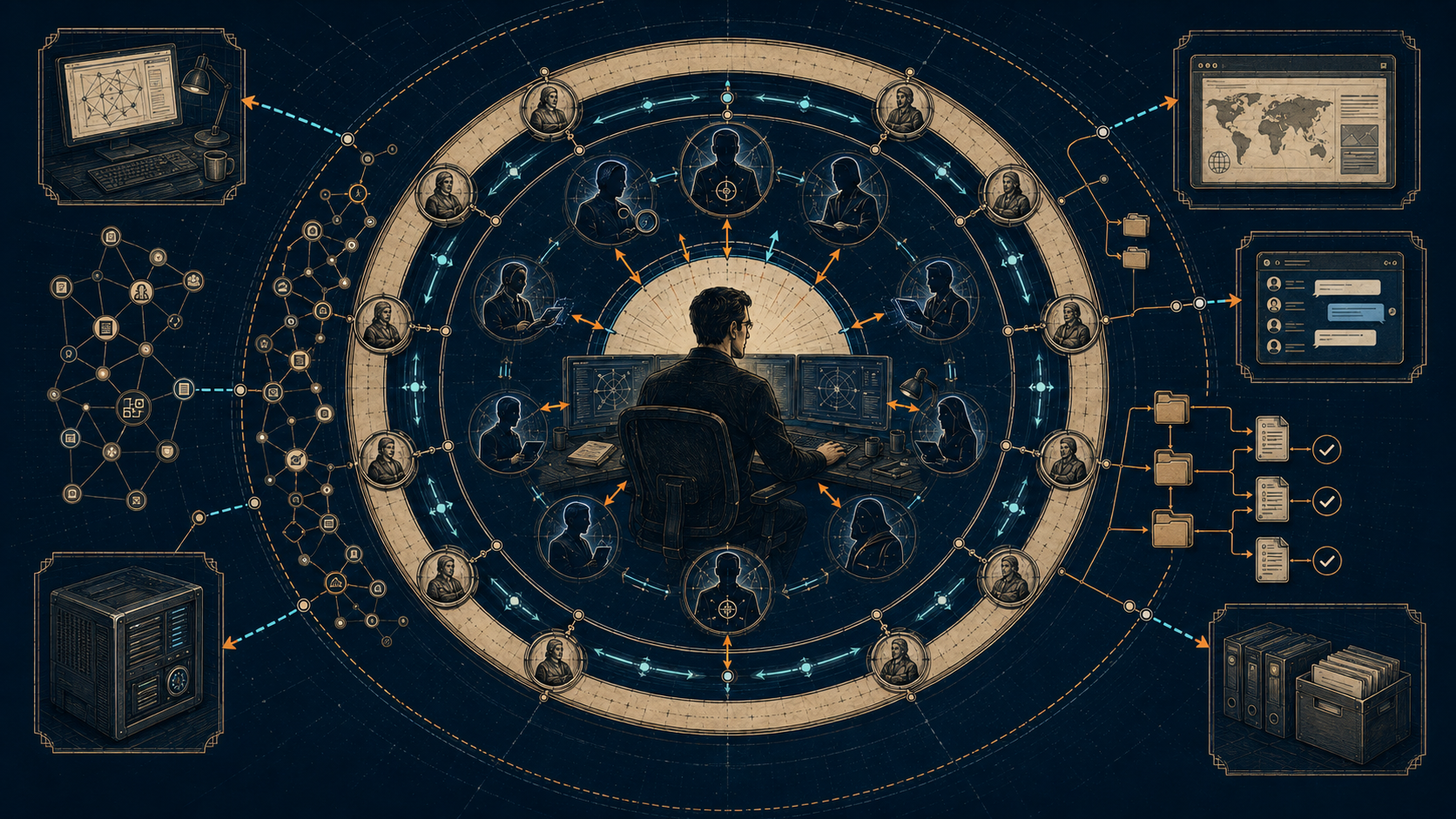 Conceptual illustration of a human at the center of a distributed operating body.