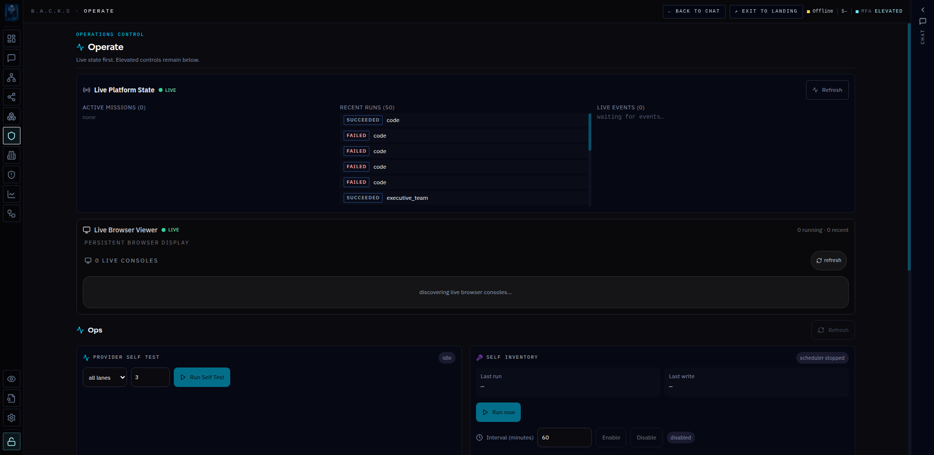 The served Operate page displays recent code and executive-team runs, a browser viewer and self-test and inventory panels.