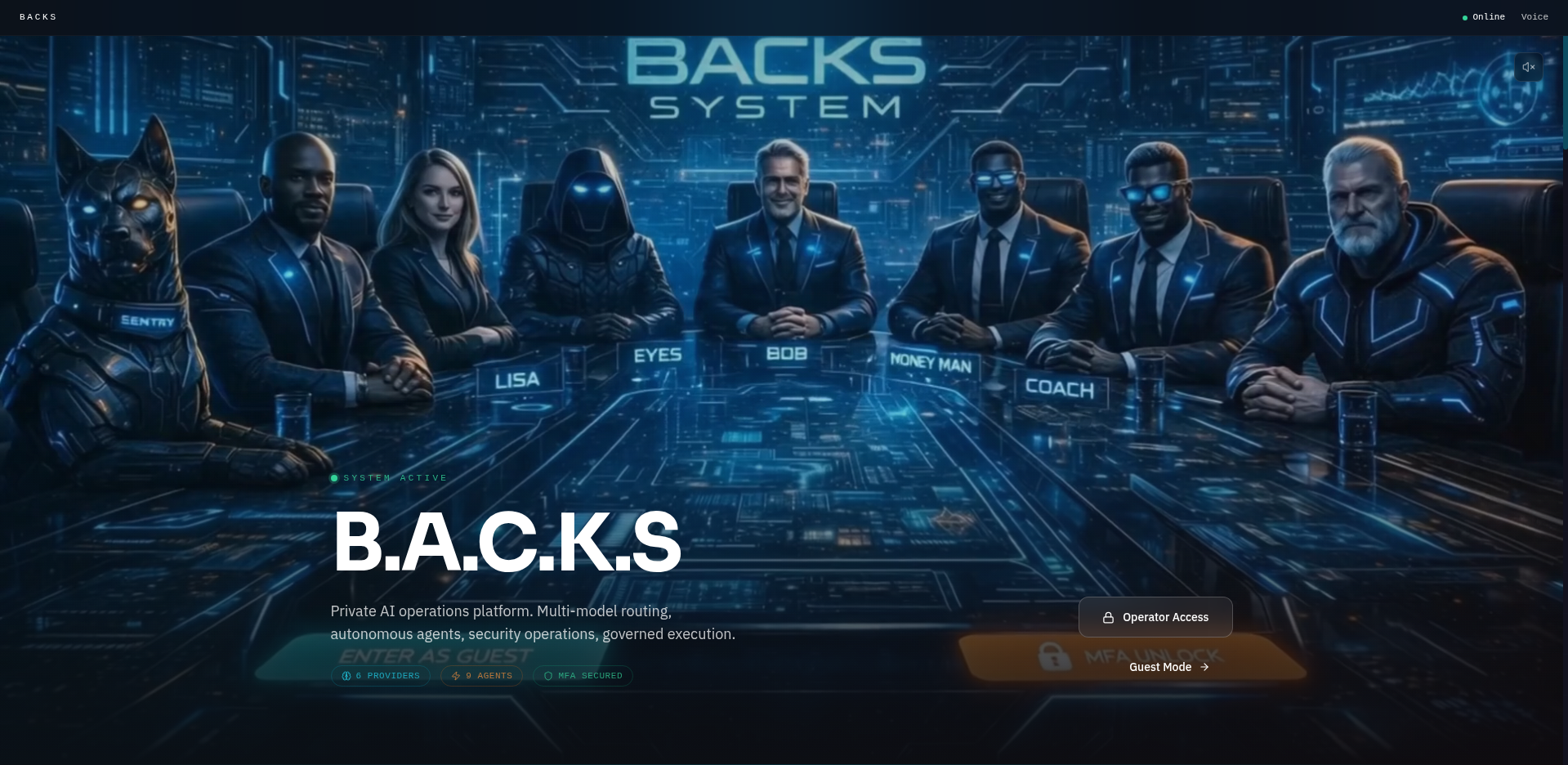 The current BACKS landing surface presents an operating team rather than a single chatbot.